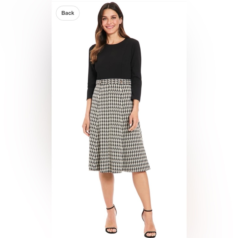 London Times Dress Women’s 14 Black with Black & Ivory Houndstooth Midi